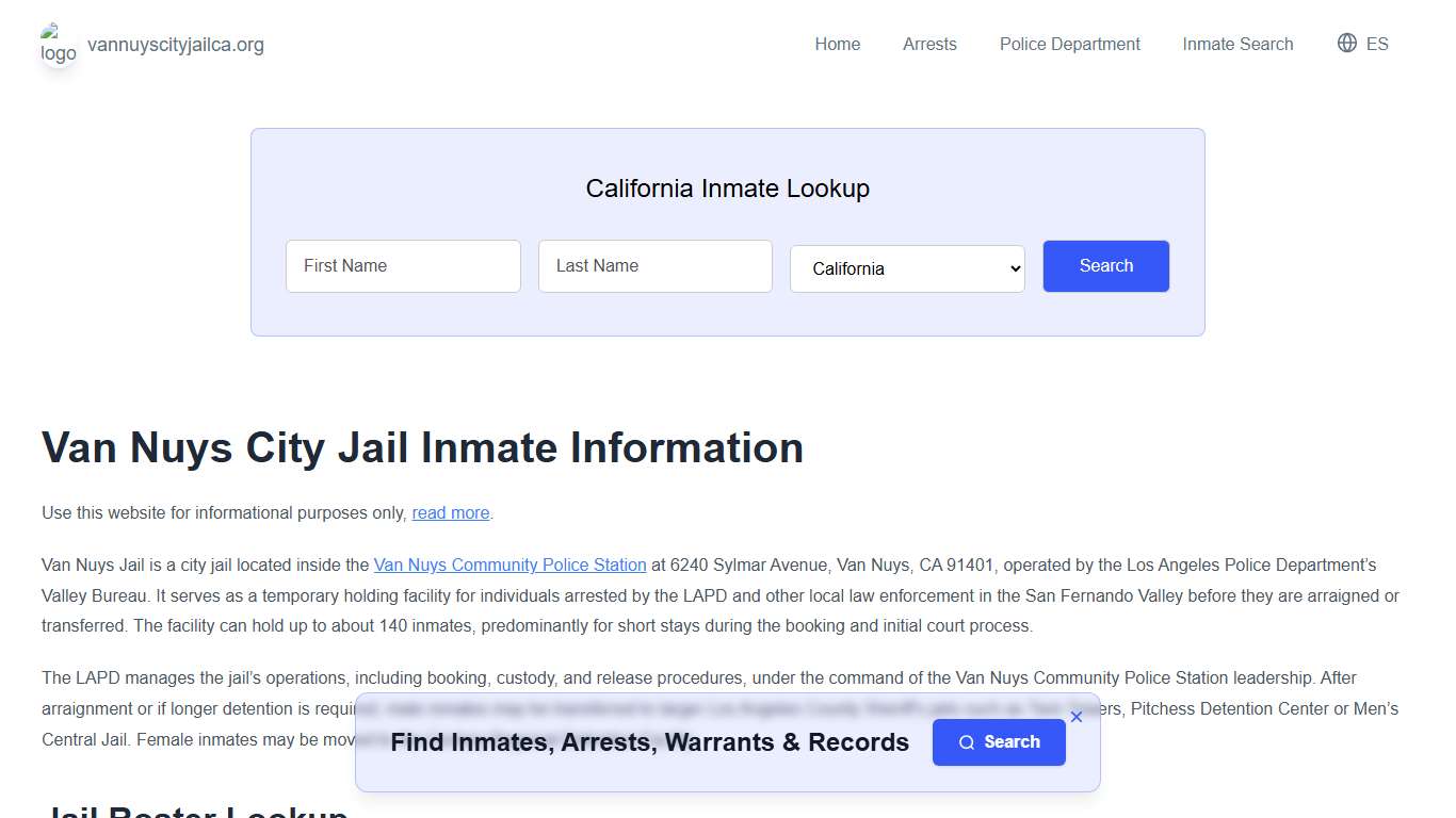 Van Nuys Jail, CA Inmate Roster, Municipal Jail Info